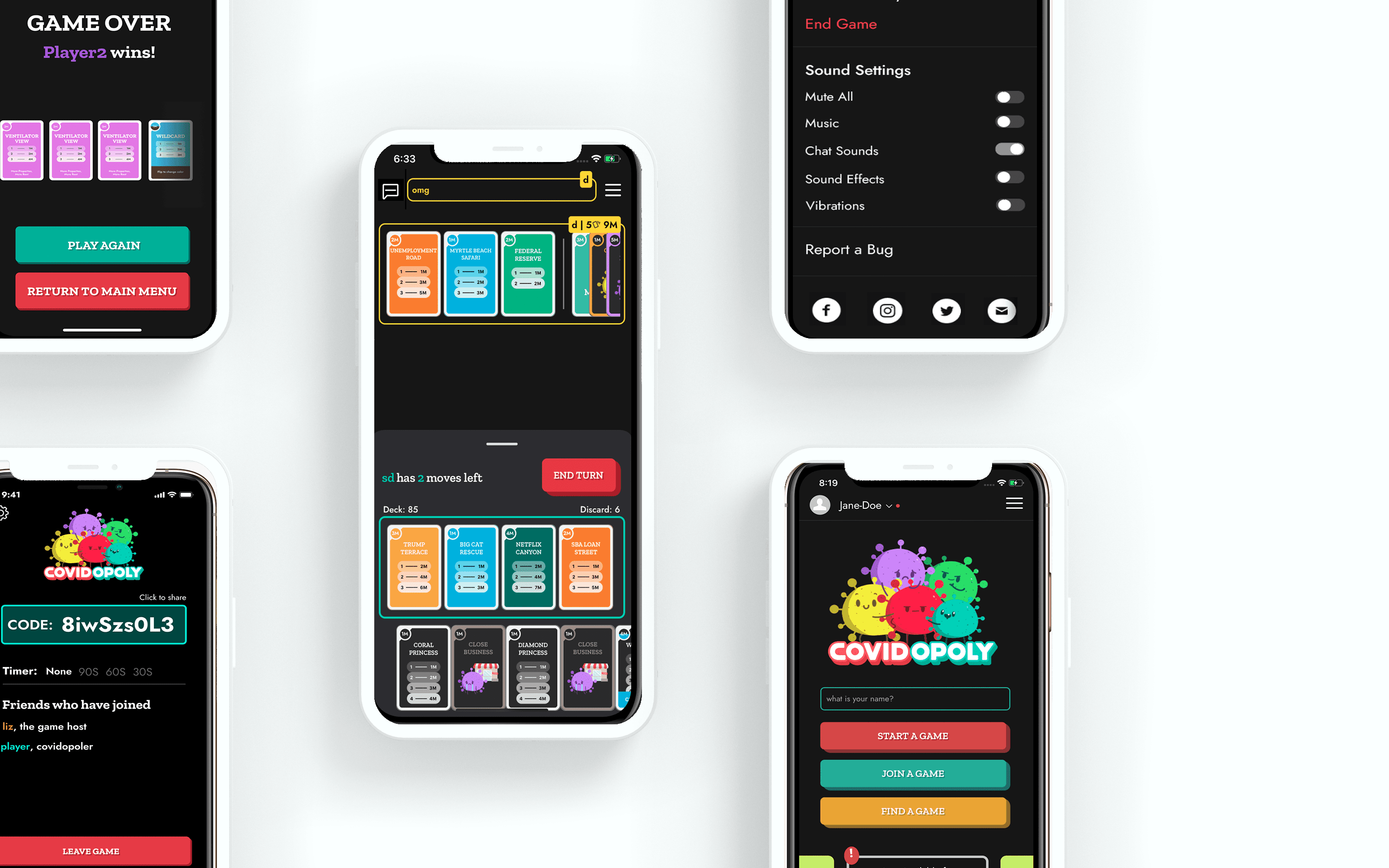 Grid of Covidopoly mobile screens: game over, in-game arena, settings, and home screen