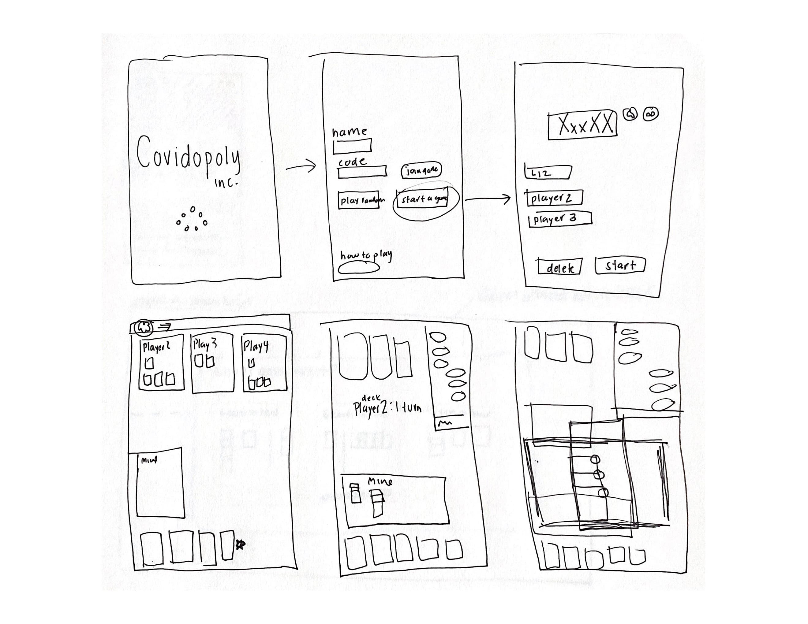 Scanned sketches of the mobile game layout, page 1
