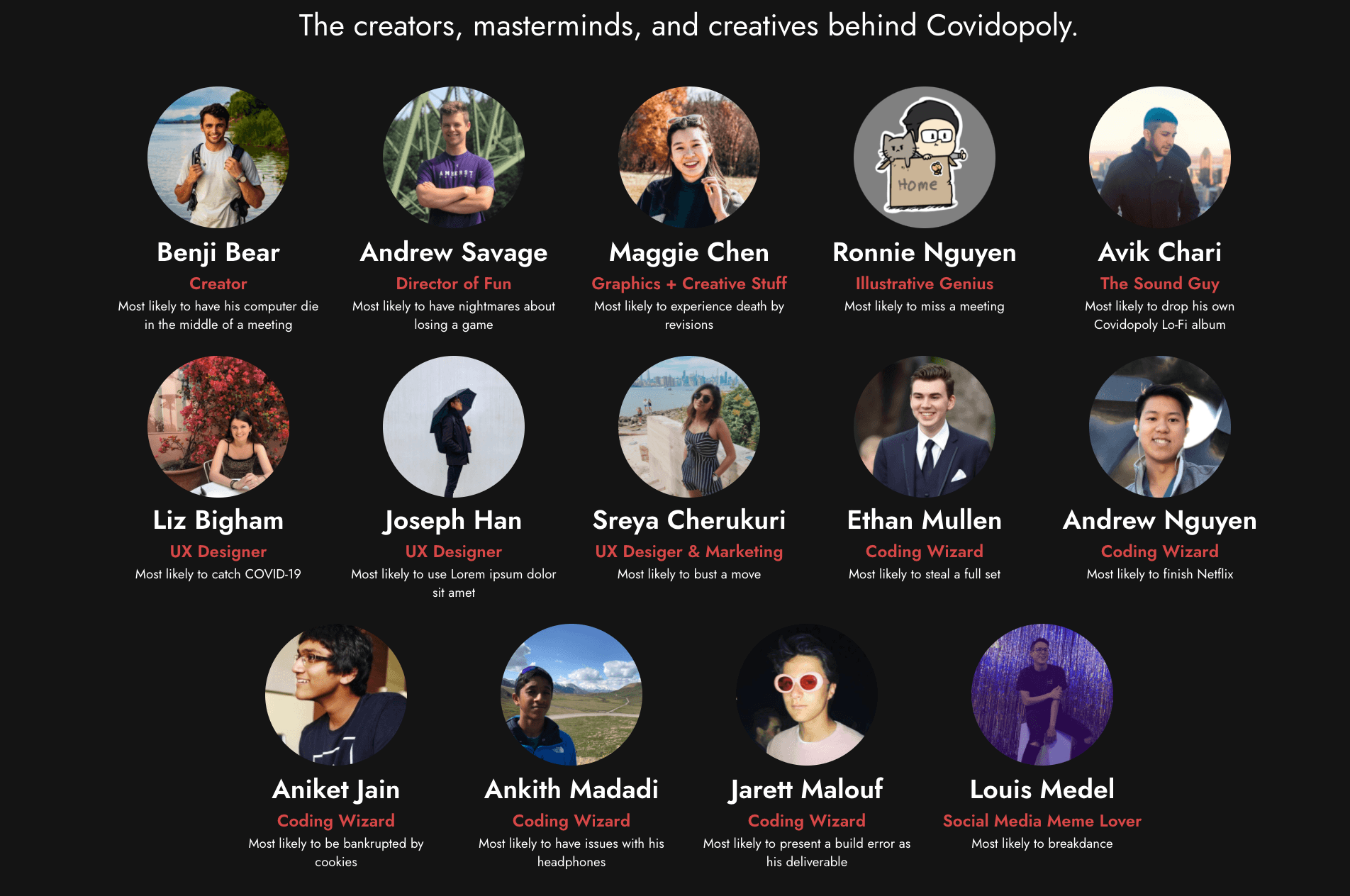 The creators, masterminds, and creatives behind Covidopoly — team photo grid