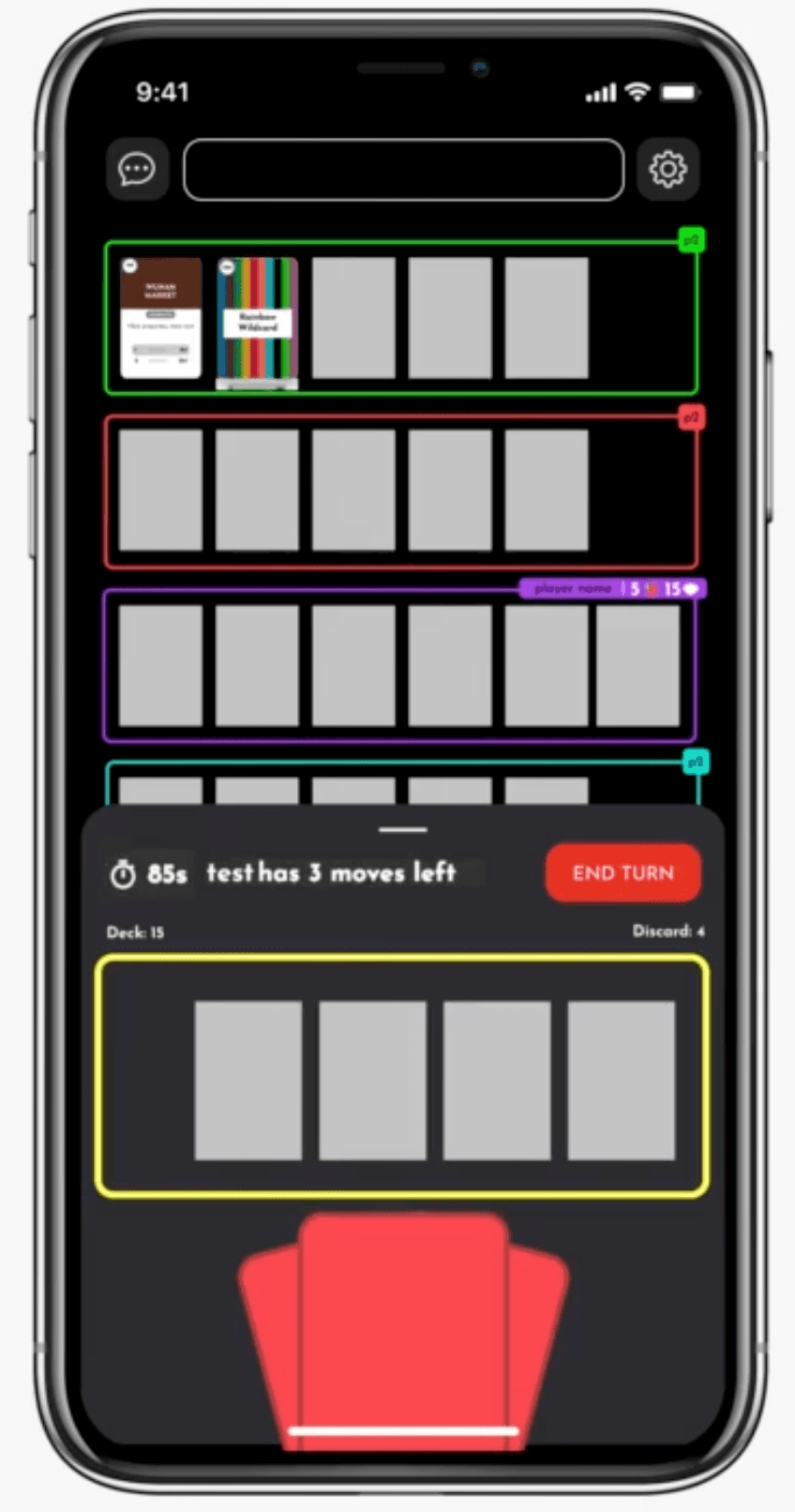 Updated mockup of the mobile game screen, showing player arenas, deck and discard counts, hand of cards, and end turn button
