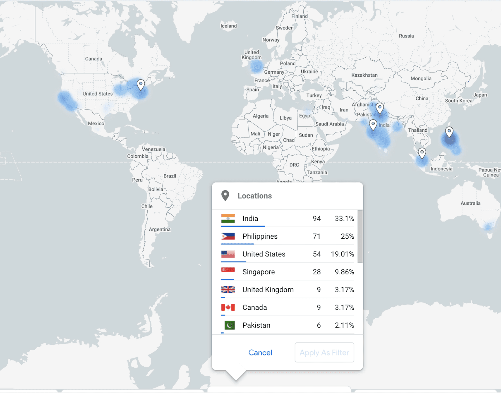 World map with a locations panel showing the number of players from each country Covidopoly has been played in, led by India, the Philippines, and the United States